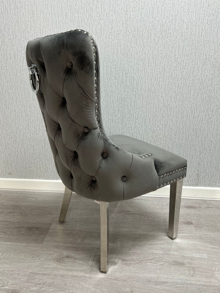 Victoria Dark Grey Chrome Ring Knocker Button Back Plush Velvet Chair