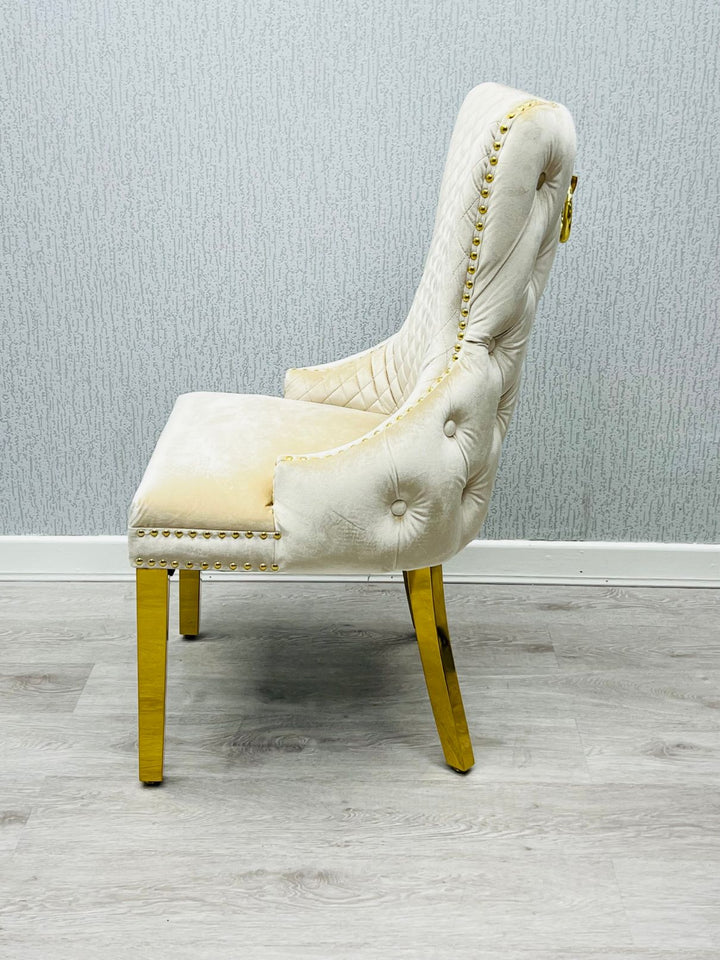 Arial Marble & Gold Dining Table With Victoria Quilted Ring Knocker Dining Chairs Gold Legs