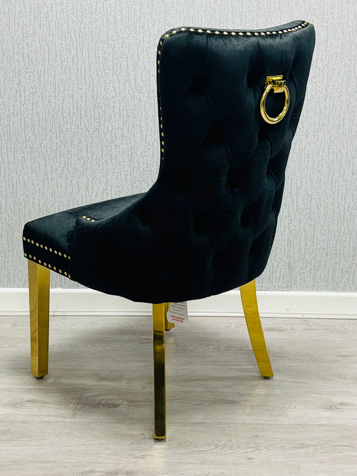 Arial Marble & Gold Dining Table With Victoria Quilted Ring Knocker Dining Chairs Gold Legs