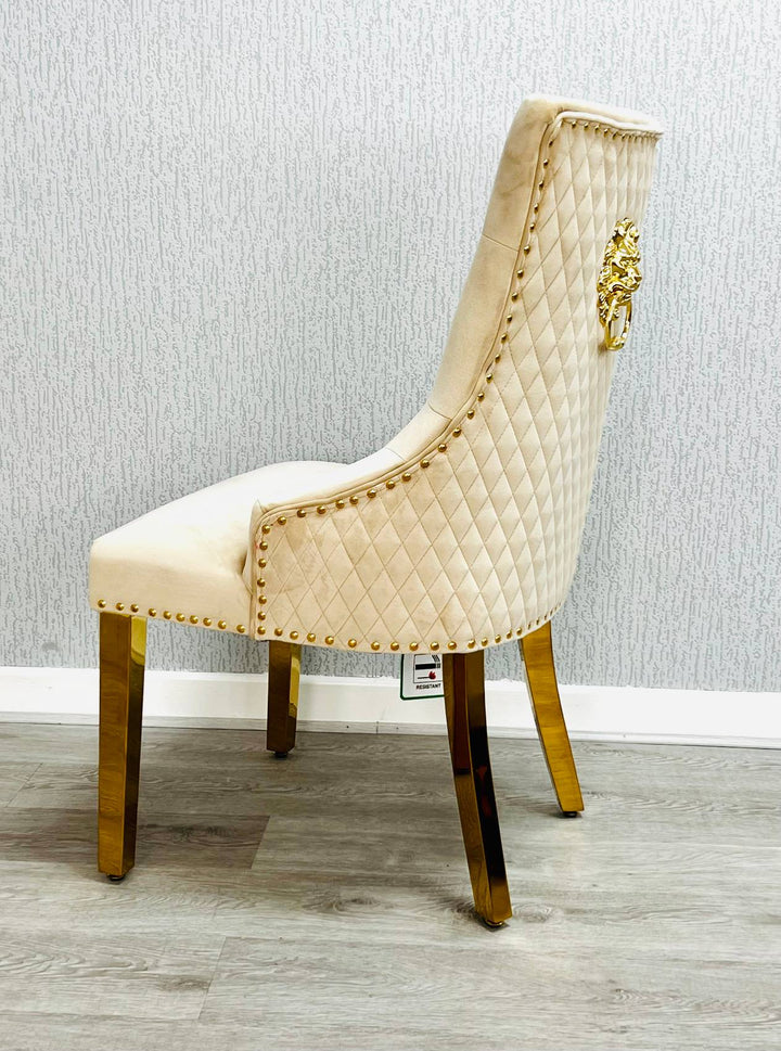 Arianna Marble & Gold Dining Table With Quilted Lion Knocker Velvet Chairs Gold Legs