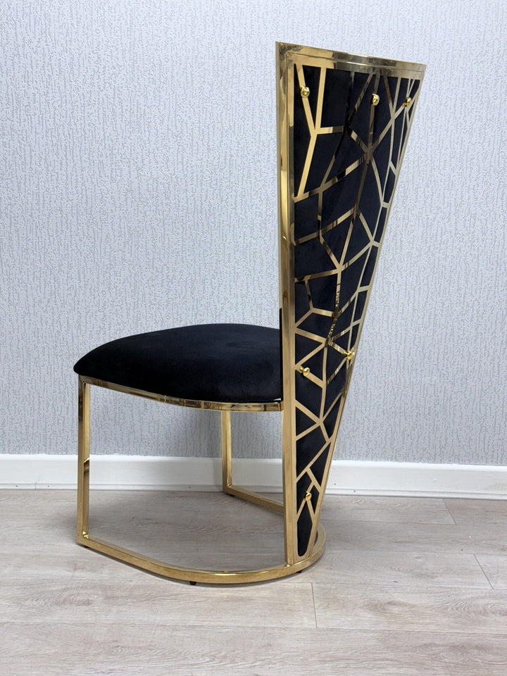 Arial Marble & Gold Dining Table With Florence High Back Dining Chairs Gold Legs