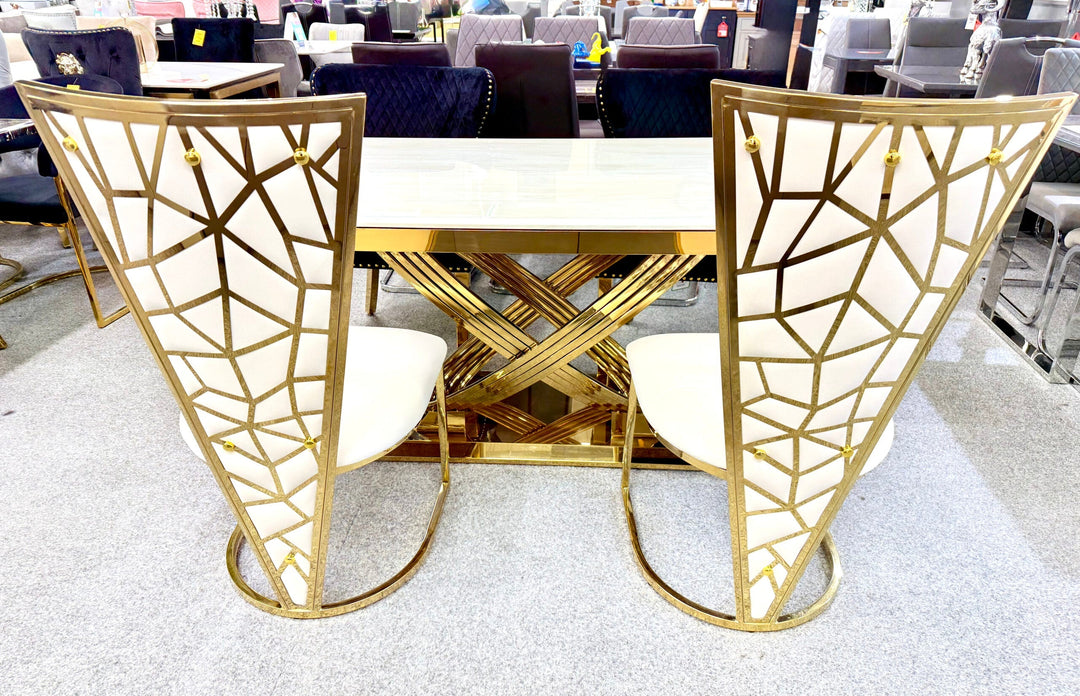 Arial Marble & Gold Dining Table With Florence High Back Dining Chairs Gold Legs
