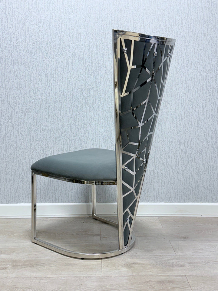 Elina 180cm Chrome Grey Marble Dining Table With Florence High Back Velvet Chrome Chairs