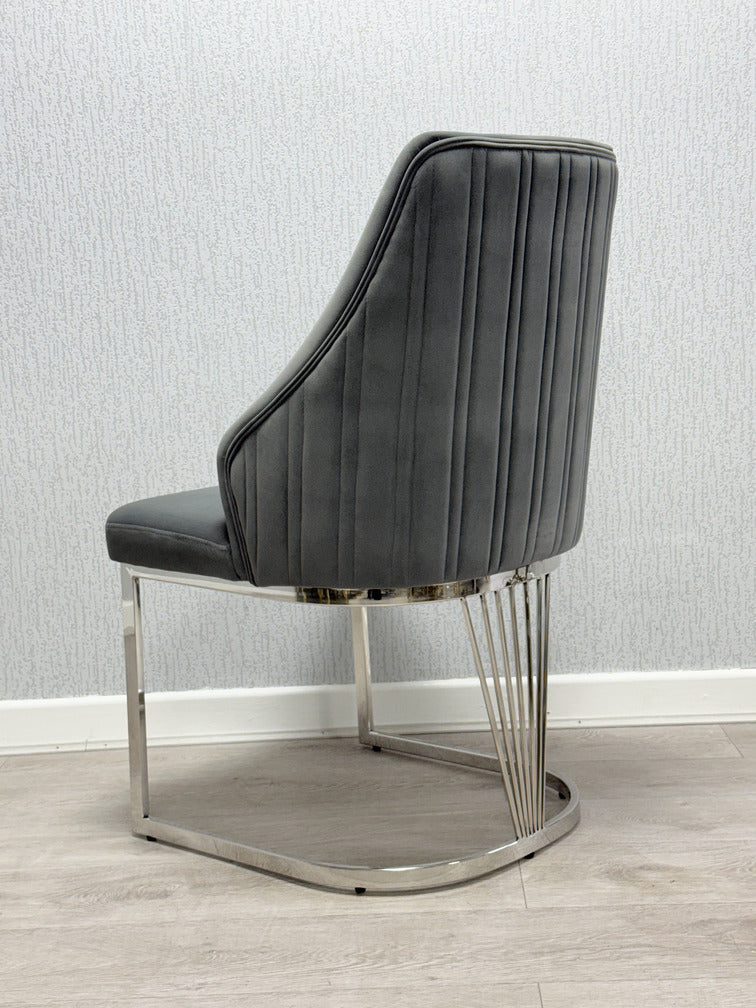 Elina 180cm Marble & Chrome Dining Table With Carlton Grey Velvet Chrome Chairs