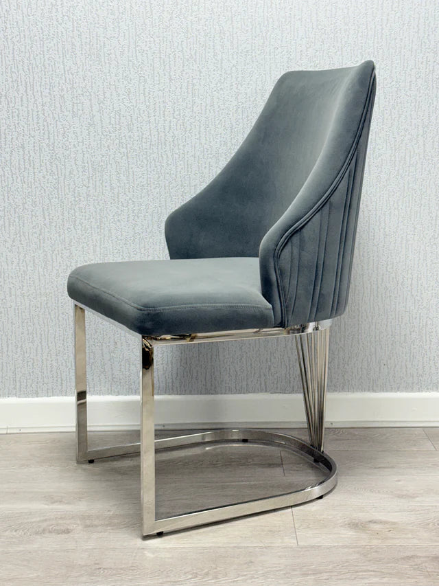 Louis Marble & Chrome Dining Table With Carlton Grey Velvet Chairs