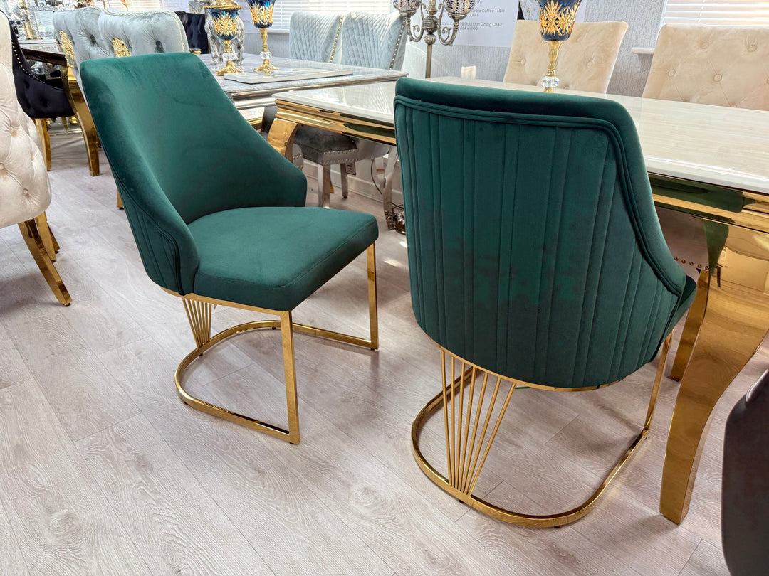 Arial Marble & Gold Dining Table With Carlton Dining Chairs Gold Legs