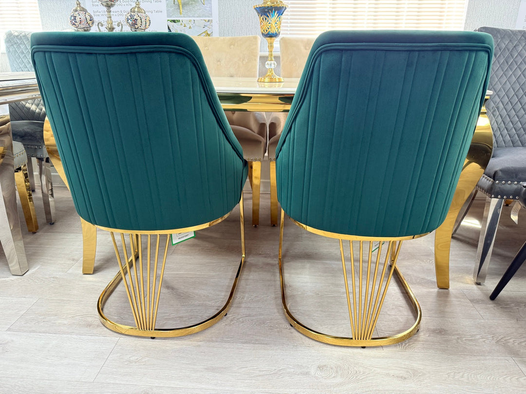 Arial Marble & Gold Dining Table With Carlton Dining Chairs Gold Legs