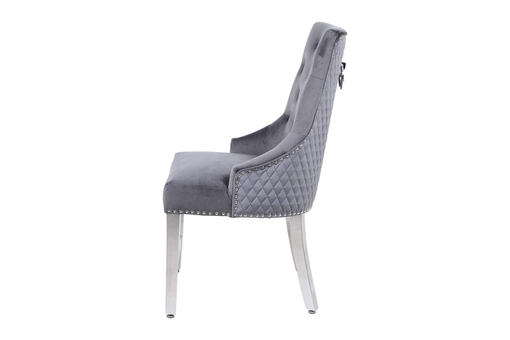 Majestic Round Chrome Ring Knocker Grey Plush French Velvet Dining Chair-Esme Furnishings