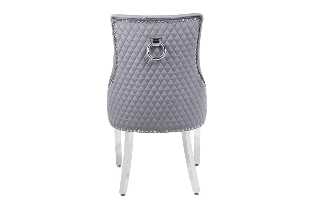 Louis Marble & Chrome Dining Table With Grey Round Quilted Ring Knocker Velvet Chairs