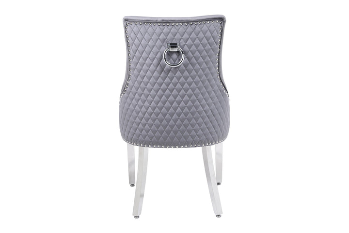 Louis Marble & Chrome Dining Table With Grey Round Quilted Ring Knocker Velvet Chairs