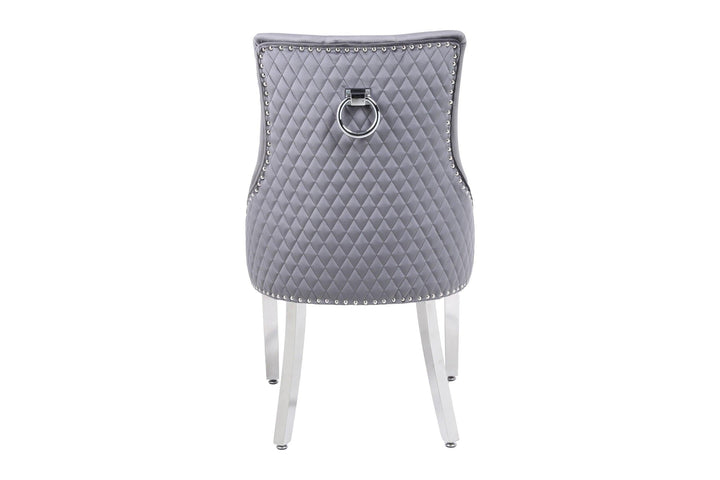Majestic Round Chrome Ring Knocker Grey Plush French Velvet Dining Chair-Esme Furnishings