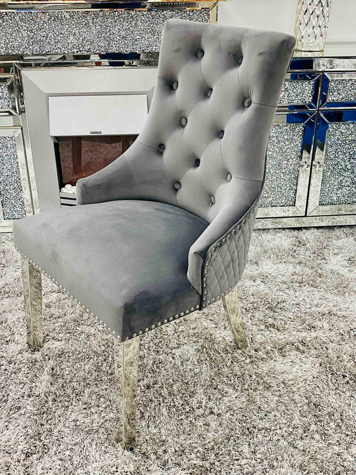 Louis Grey Round 110cm Marble Dining Table + Grey Lion Knocker Velvet Dining Chairs