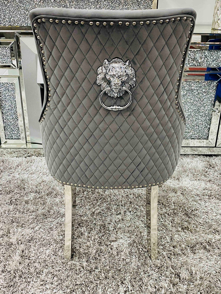 Louis Grey Round 110cm Marble Dining Table + Grey Lion Knocker Velvet Dining Chairs