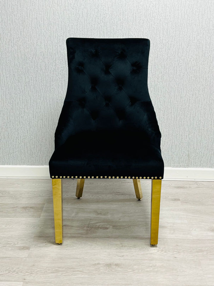 Louis Gold Black Marble Dining Table With Black/Gold Ring Quilted Knocker Dining Chairs