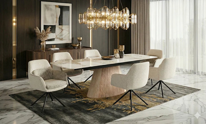 Monaco Pandora Beige 160-240cm Extending Ceramic Marble Dining Table With Florence Beige Velvet 360 Swivel Chairs