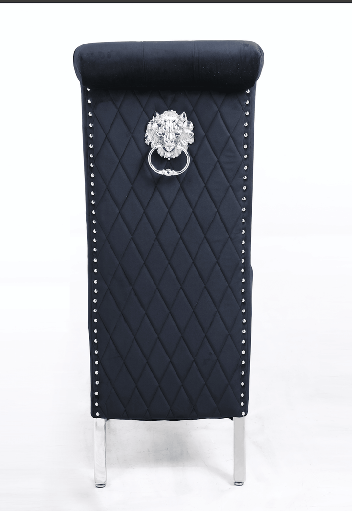 Sophia Black French Velvet Lion Knocker Quilted Dining Chair With Chrome Legs-Esme Furnishings