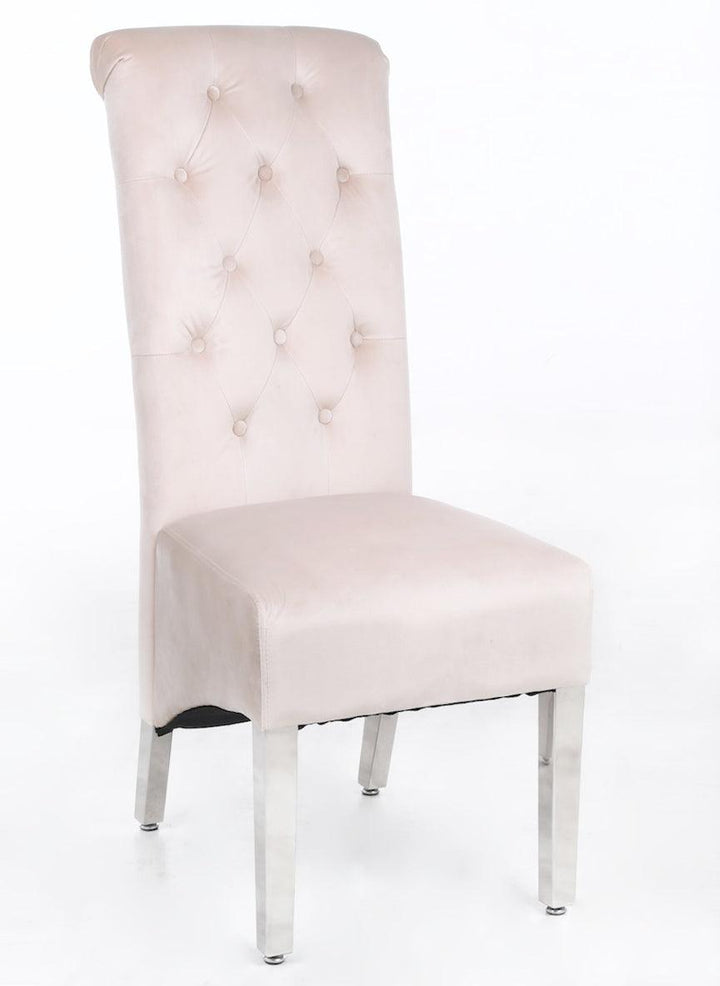 Sophia Cream French Velvet Lion Knocker Quilted Dining Chair With Chrome Legs-Esme Furnishings