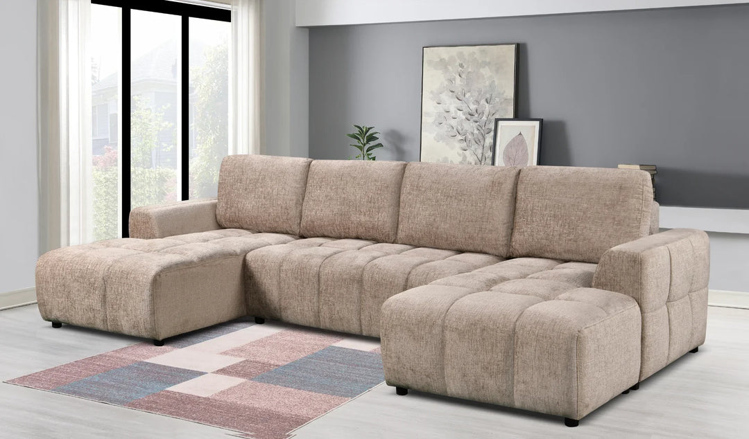 Sena Large Beige Plush Velvet Luxury U Shape Sofabed Sofa