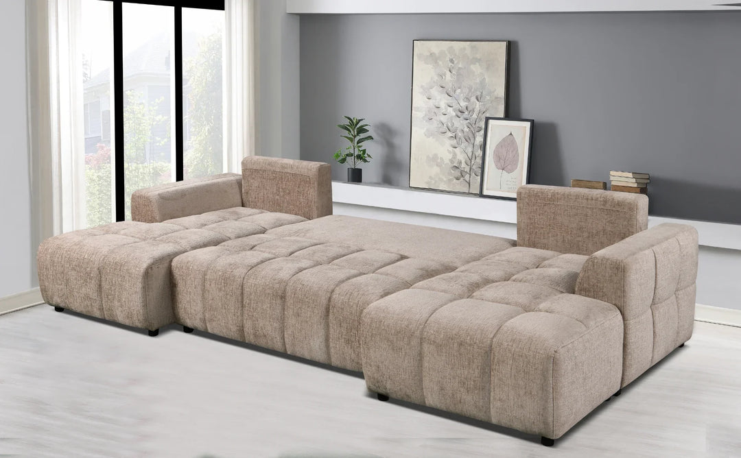 Sena Large Beige Plush Velvet Luxury U Shape Sofabed Sofa