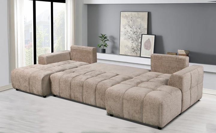 Sena Large Beige Plush Velvet Luxury U Shape Sofabed Sofa