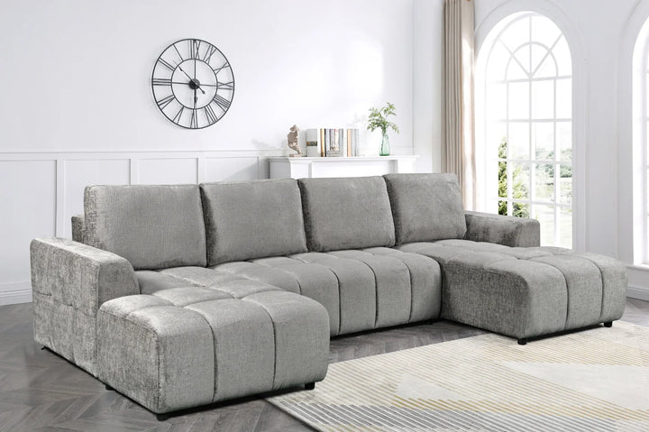 Sena Large Grey Plush Velvet Luxury U Shape Sofabed Sofa