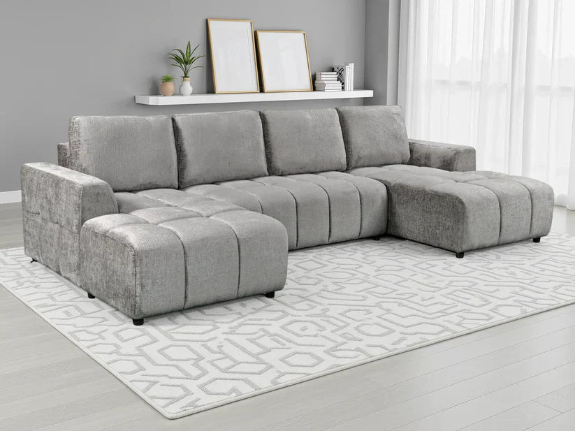 Sena Large Grey Plush Velvet Luxury U Shape Sofabed Sofa
