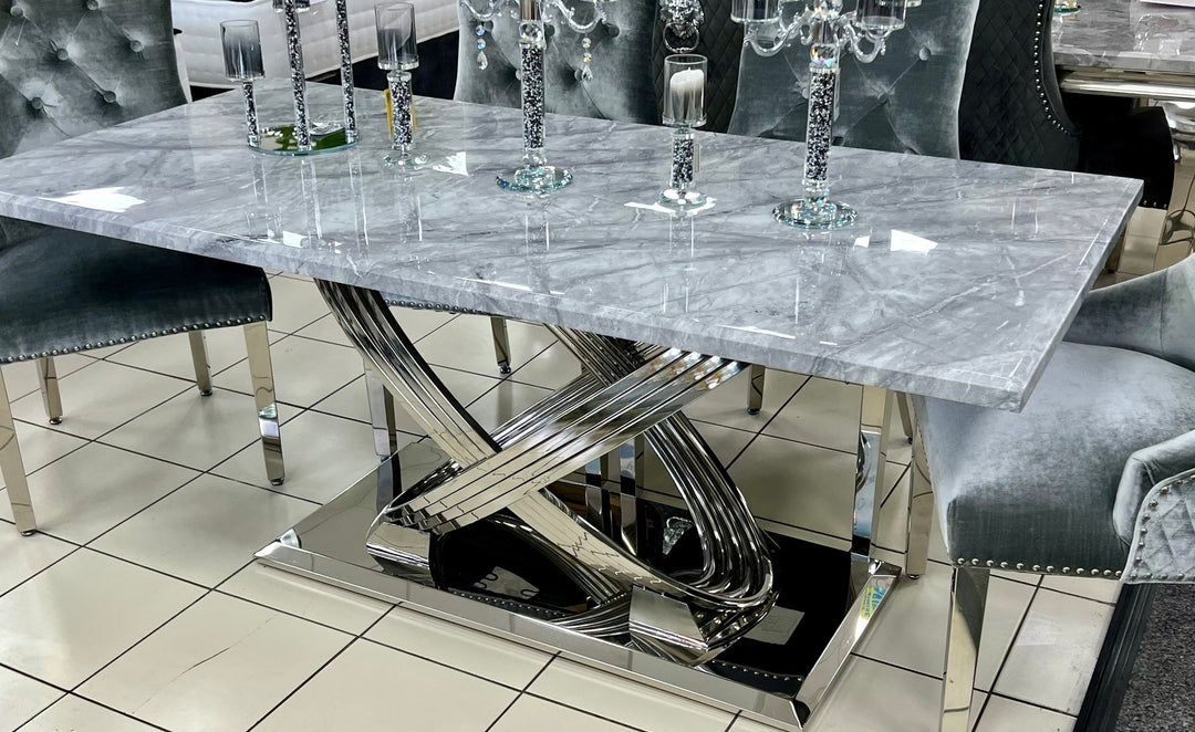 Elina 160cm Marble & Chrome Dining Table With Carlton Grey Velvet Chrome Chairs