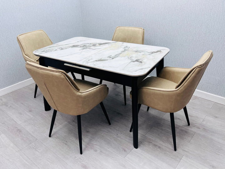 Arizona 130-160cm Cream/Gold Ceramic Stone Extending Marble Dining Table