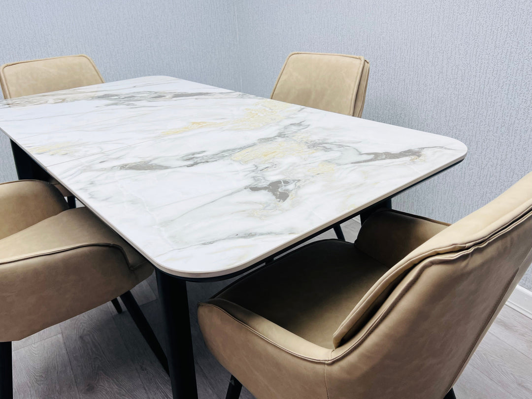 Arizona 130-160cm Cream/Gold Ceramic Stone Extending Marble Dining Table