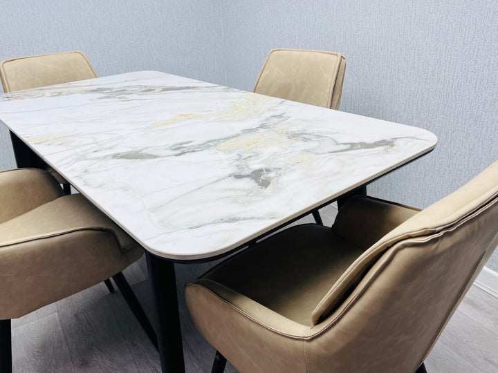 Arizona 130-160cm Cream/Gold Ceramic Stone Extending Marble Dining Table