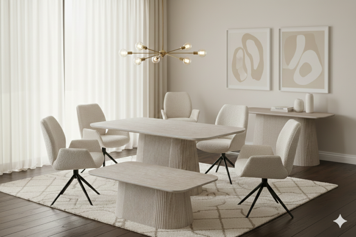 Davos 160cm Cream Ceramic Marble Dining Table With Beige 360 Swivel Velvet Dining Chairs
