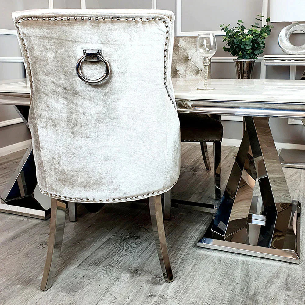 Arianna Marble & Chrome Dining Table With Shimmer Chrome Ring Knocker Chairs