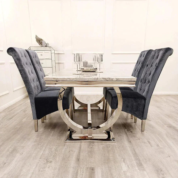 Arianna Marble & Chrome Dining Table With Lucy Slim Quilted Lion Knocker Velvet Chairs