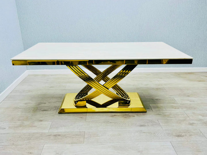 Elina 180cm Gold Dining Table With Carlton Velvet Gold Chairs