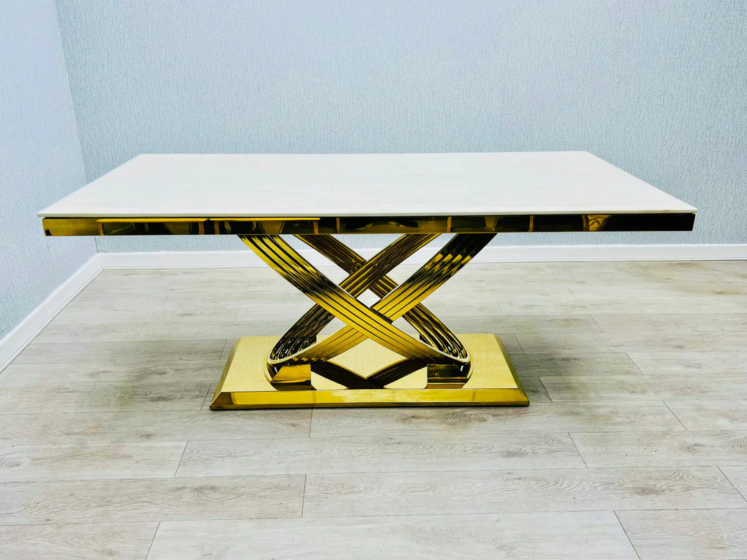 Elina 180cm Gold Dining Table With Victoria Lion Knocker Velvet Gold Chairs