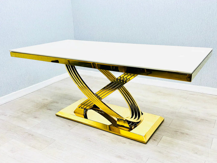 Elina 180cm Gold Dining Table With Santos Velvet Gold Chairs