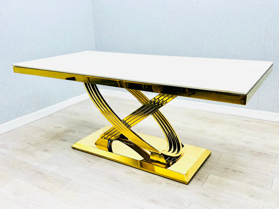 Elina 180cm Gold Dining Table With Victoria Lion Knocker Velvet Gold Chairs