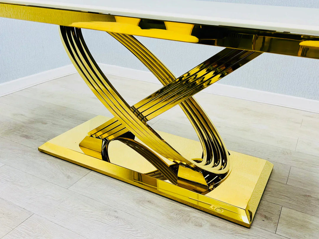 Elina 180cm Gold Dining Table With Santos Velvet Gold Chairs