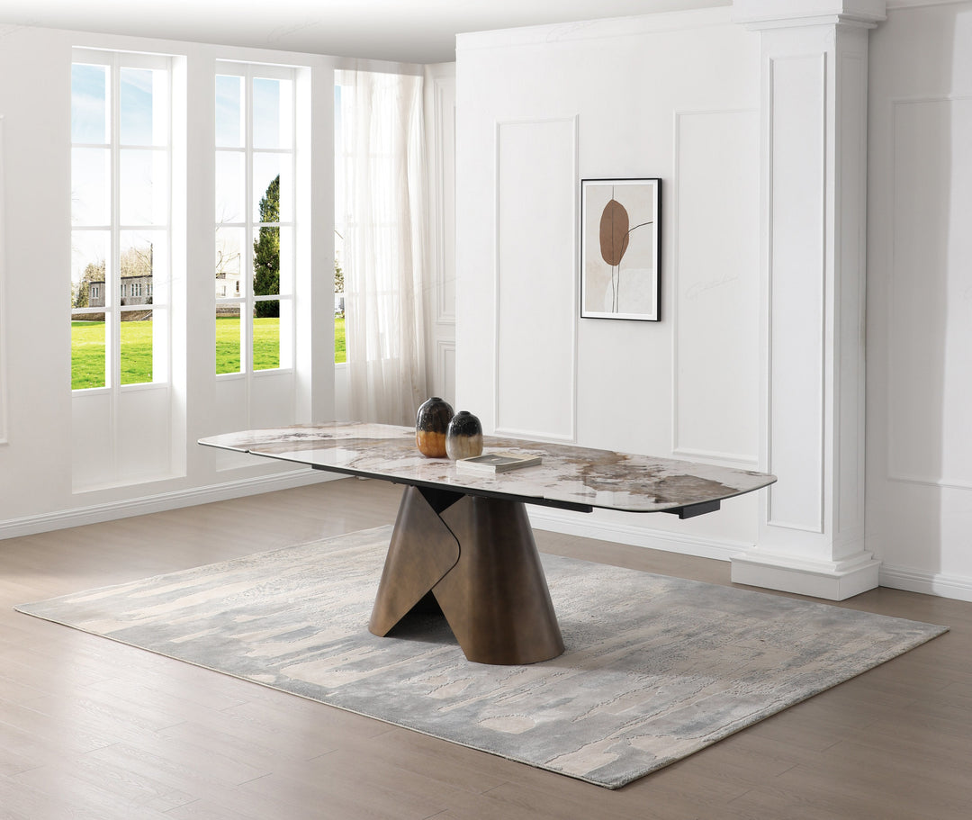 Feretti 180-260cm Italian Pandora Ceramic Marble Side Extending Dining Table With Milo Walnut Wooden Dining Chairs