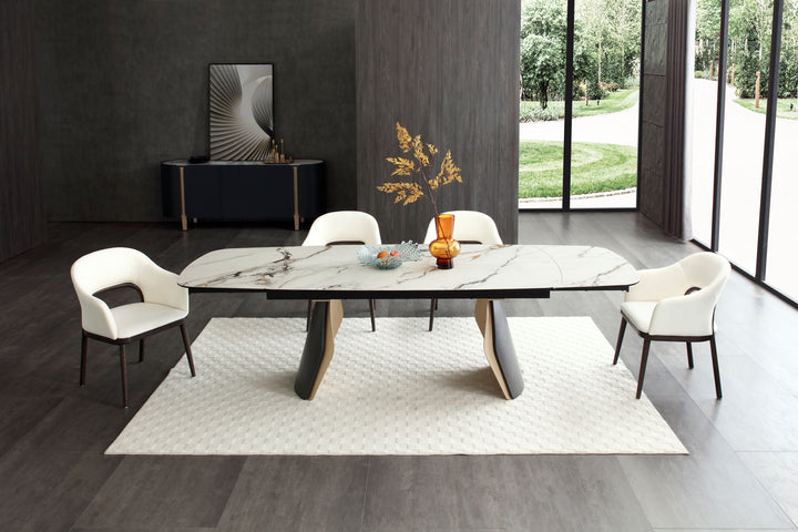 Fidenza 180-260cm Italian Black Ash & Calacatta Verde Ceramic Marble Side Extending Dining Table With Milo Walnut Wooden Dining Chairs