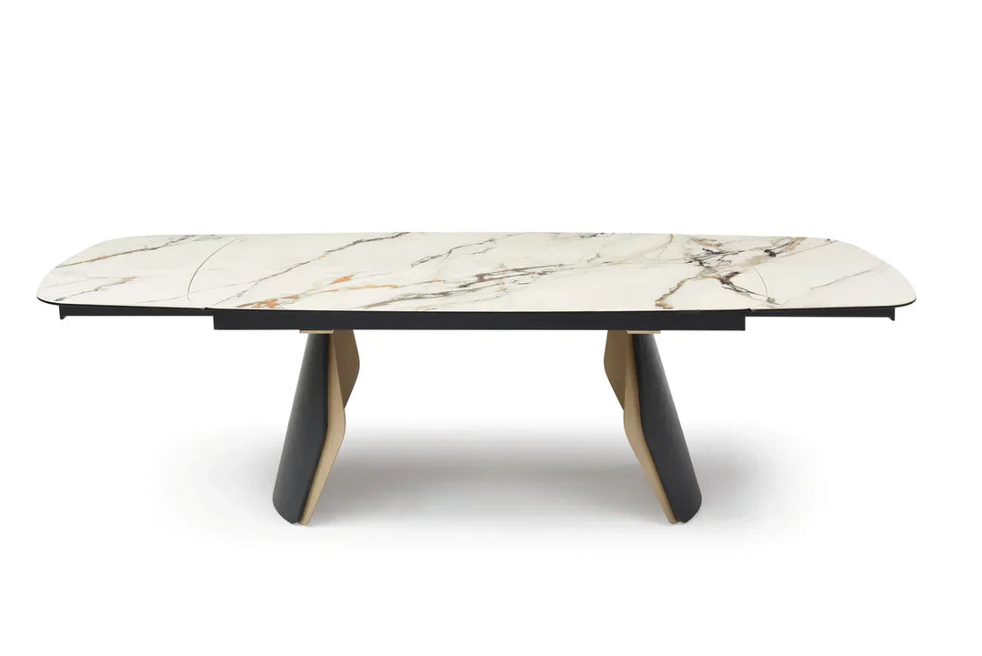 Fidenza 180-260cm Italian Black Ash & Calacatta Verde Ceramic Marble Side Extending Dining Table With Milo Walnut Wooden Dining Chairs
