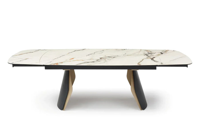 Fidenza 180-260cm Italian Black Ash & Calacatta Verde Ceramic Marble Side Extending Dining Table With Milo Walnut Wooden Dining Chairs