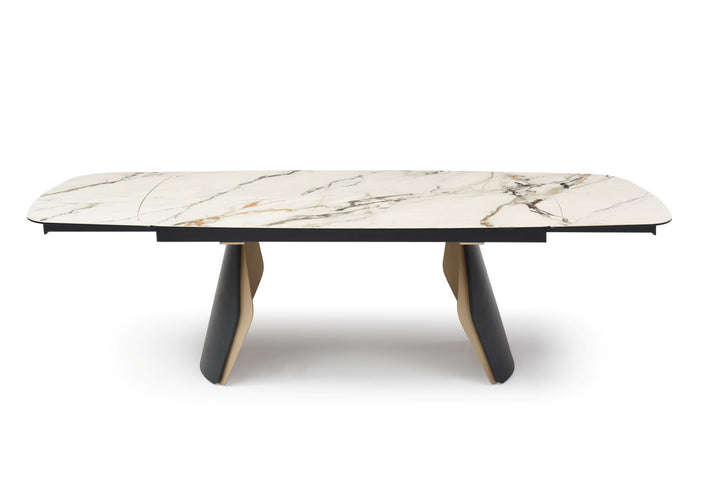 Fidenza 180-260cm Italian Black Ash & Calacatta Verde Ceramic Marble Side Extending Dining Table With Milo Walnut Wooden Dining Chairs