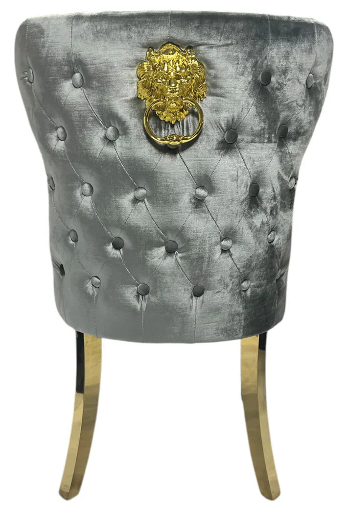 Valente Grey Gold Lion Knocker Button Back Plush Velvet Dining Chair Gold Legs