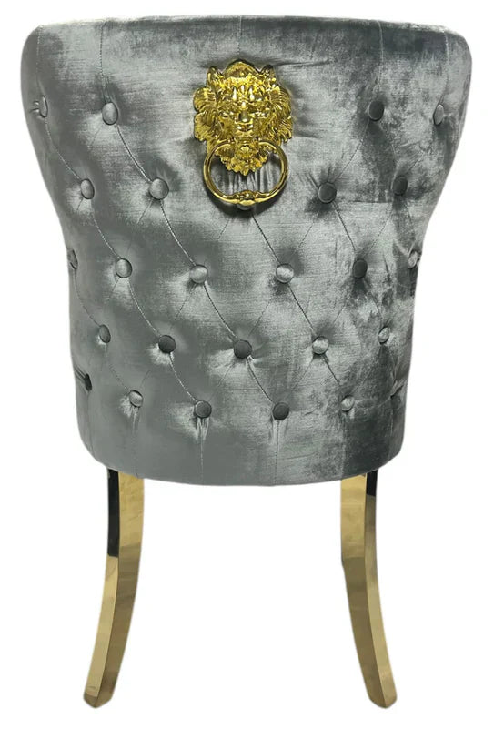 Arianna Marble & Gold Dining Table With Valente Gold Lion Knocker Velvet Chairs