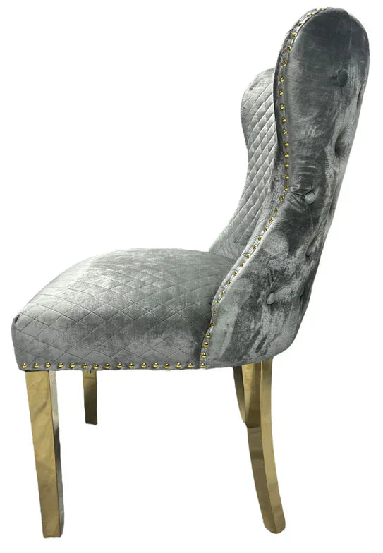 Arianna Marble & Gold Dining Table With Valente Gold Lion Knocker Velvet Chairs
