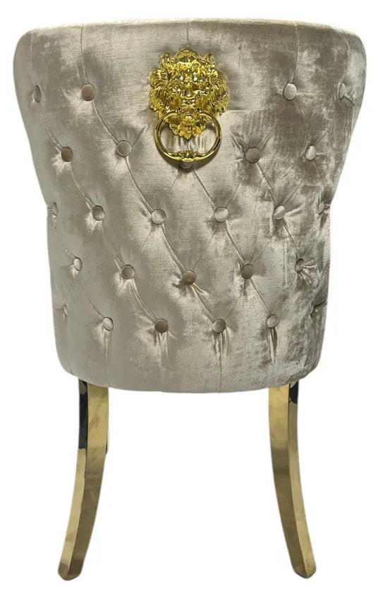Arianna Marble & Gold Dining Table With Valente Gold Lion Knocker Velvet Chairs