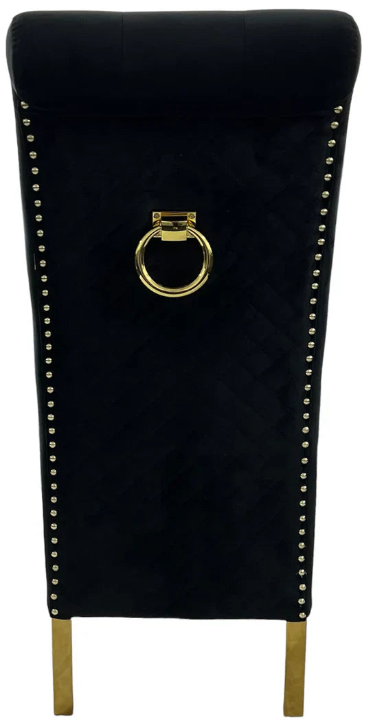 Lucy Gold Ring Knocker Quilted Slim Back Gold Plush Velvet Dining Chair Gold Legs In 3 Colours