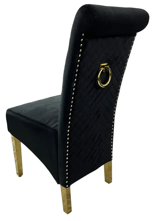 Mayfair 180CM Gold Marble Dining Table With Lucy Gold Ring Knocker Quilted Dining Chairs