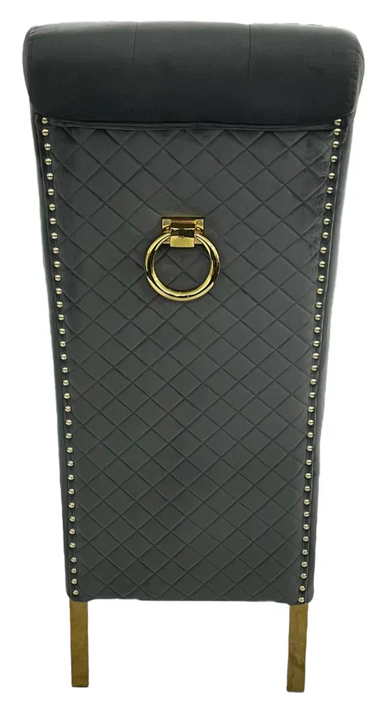 Lucy Gold Ring Knocker Quilted Slim Back Gold Plush Velvet Dining Chair Gold Legs In 3 Colours